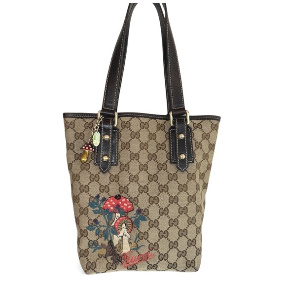 Gucci Handbags - Gucci GG Canvas Mushroom Embroidered Small Tote Brown Leather Italy